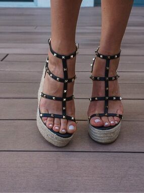 Black Studded Espadrille Wedge Sandals with Ankle Straps
